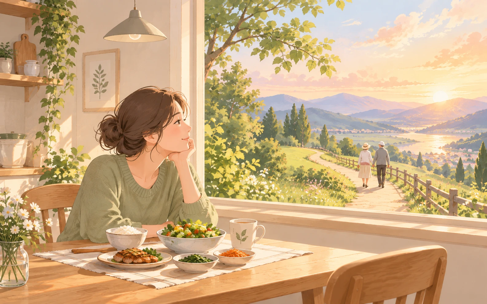 햇살 드는 식탁에 앉아 창밖을 바라보는 사람. 창밖 언덕길에서 노부부가 손을 잡고 걷고 있다.