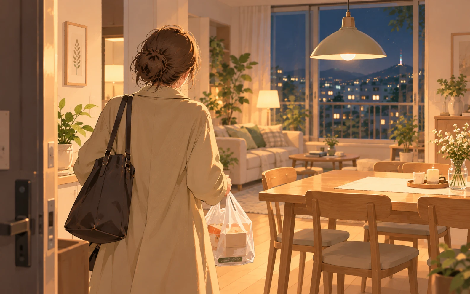 퇴근한 사람이 가방을 메고 음식 봉지를 든 채 불 켜진 거실로 들어서는 뒷모습. 창밖으로 밤의 도시 불빛이 보인다.